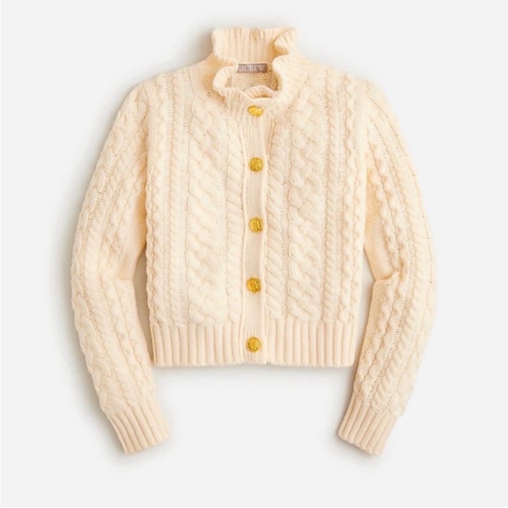 J. Crew ButterCream Cable Knit Cardigan L Ruffle Neck, Cozy & Chic Sweater